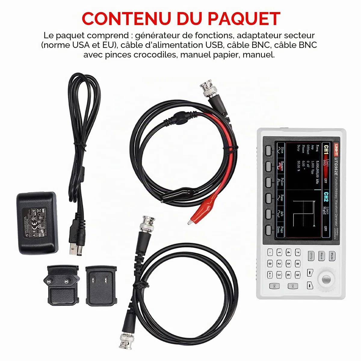 UNI-T Générateur de signal UTG962E DDS 60 MHz avec écran LCD TFT 4,3" 200 MSa/s 2 canaux (prise 110-240 V EU)