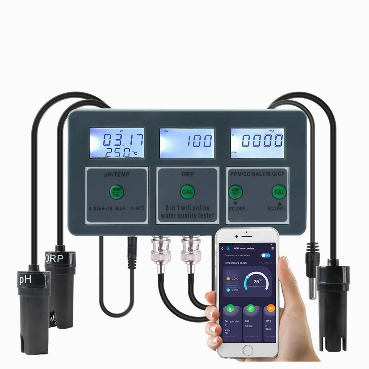 Testeur PH Metre, Tuya Smart PH ORP TDS EC SALT S. G TEMP CF moniteur compteur en ligne Aquarium qualité de l'eau testeur enregistreur de données contrôleur ,Eau Potable, Hydroponie, SPA, Brassage(Met