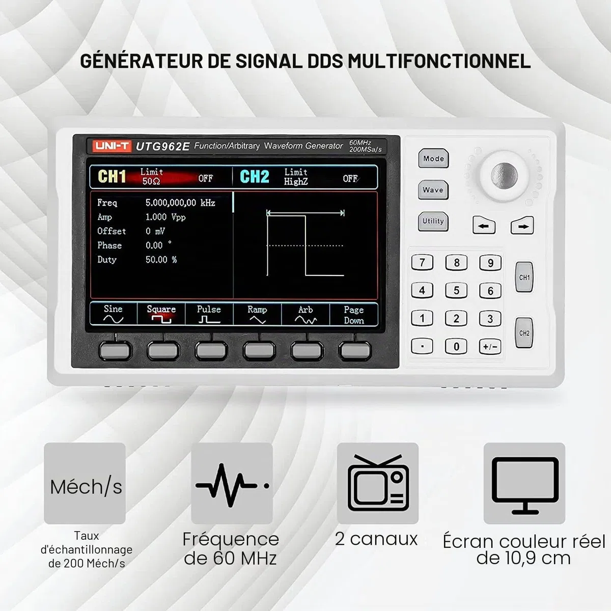UNI-T Générateur de signal UTG962E DDS 60 MHz avec écran LCD TFT 4,3" 200 MSa/s 2 canaux (prise 110-240 V EU)
