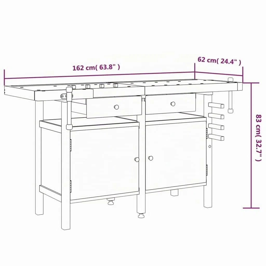 vidaXL Établi avec Tiroir et Étaux, Banc de Travail en Bois, Table d'Atelier, Table de Bricolage Garage Maison, 162x62x83 cm Bois Massif d'Acacia