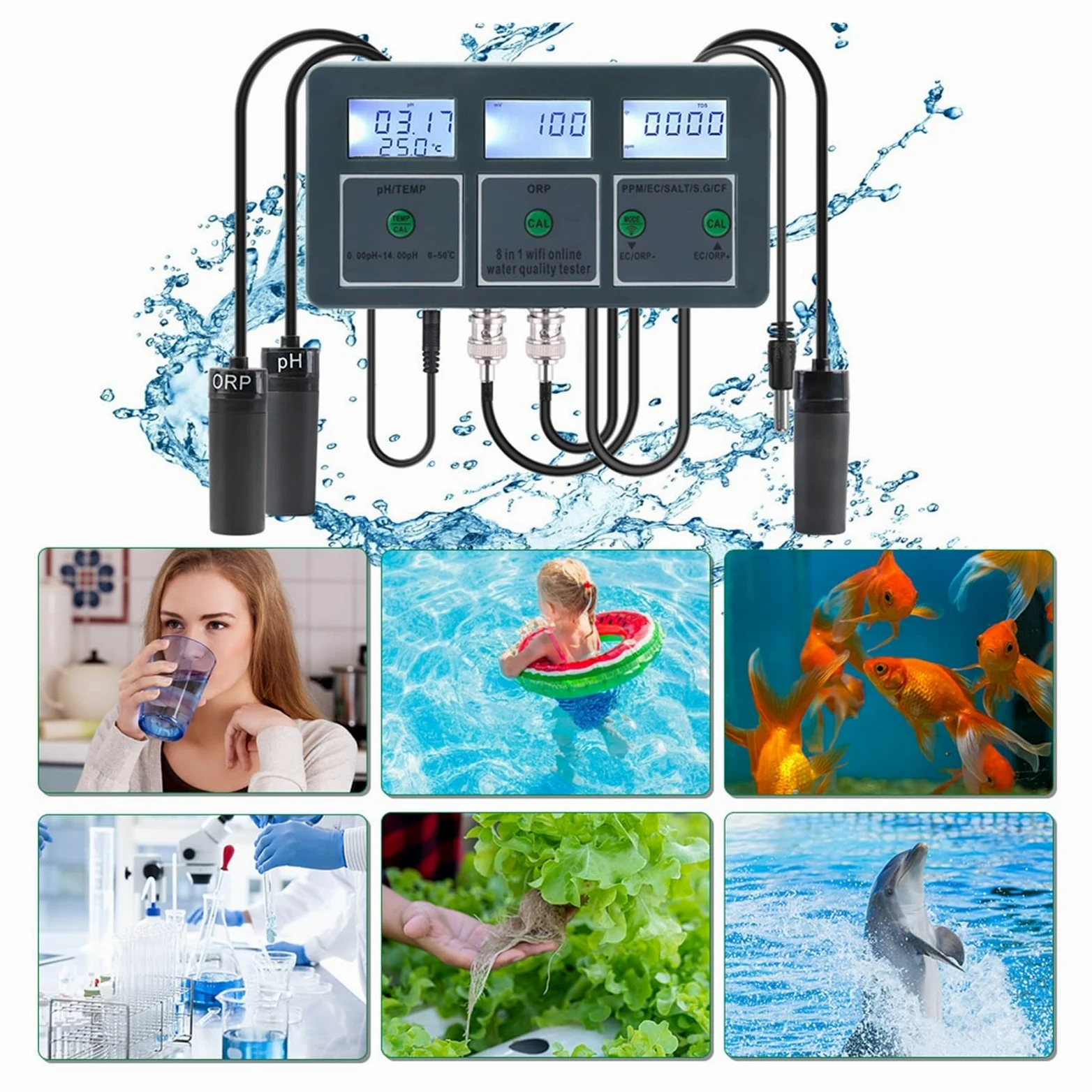 Testeur PH Metre, Tuya Smart PH ORP TDS EC SALT S. G TEMP CF moniteur compteur en ligne Aquarium qualité de l'eau testeur enregistreur de données contrôleur ,Eau Potable, Hydroponie, SPA, Brassage(Met