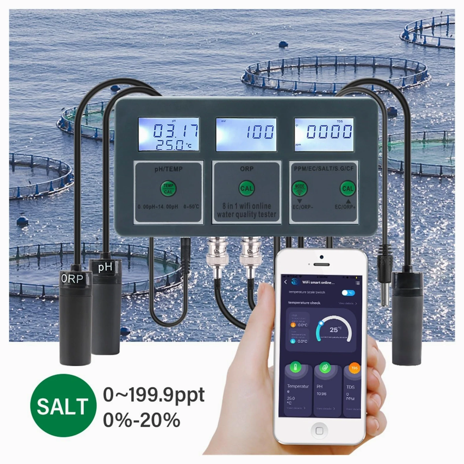 Testeur PH Metre, Tuya Smart PH ORP TDS EC SALT S. G TEMP CF moniteur compteur en ligne Aquarium qualité de l'eau testeur enregistreur de données contrôleur ,Eau Potable, Hydroponie, SPA, Brassage(Met