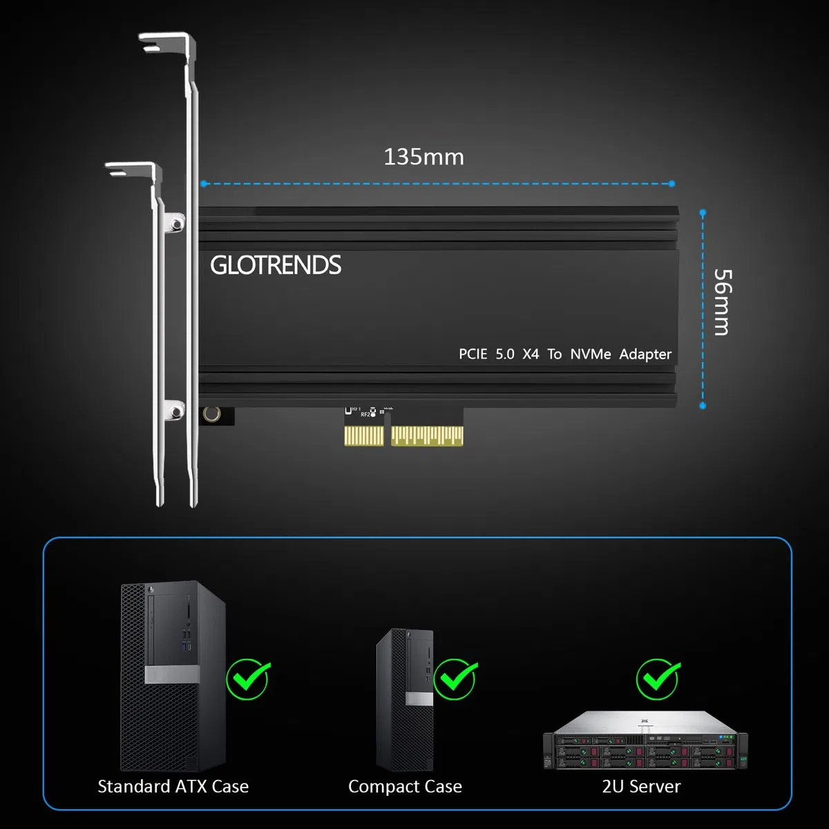 GLOTRENDS PA18 M.2 NVMe vers PCIe 5.0 X4 Adaptateur pour SSD M.2 NVMe, Très Grand dissipateur Thermique en Aluminium, Supports ordinaires et Bas Profil(Noir)