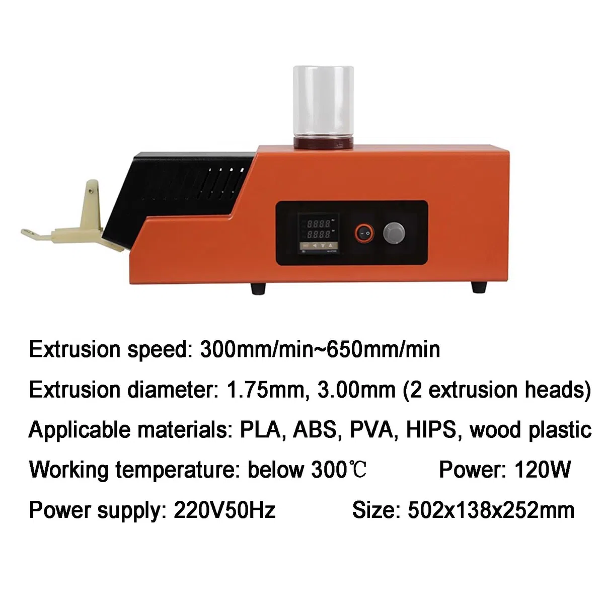 Machine d'extrudeuse de filament d'impression 3D avec vitesse réglable pour PLA, ABS, PVA - Extrudeuse de filament de bureau avec 2 moules d'extrusion 1,75/3,00 mm, 300 mm/min à 650 mm/min