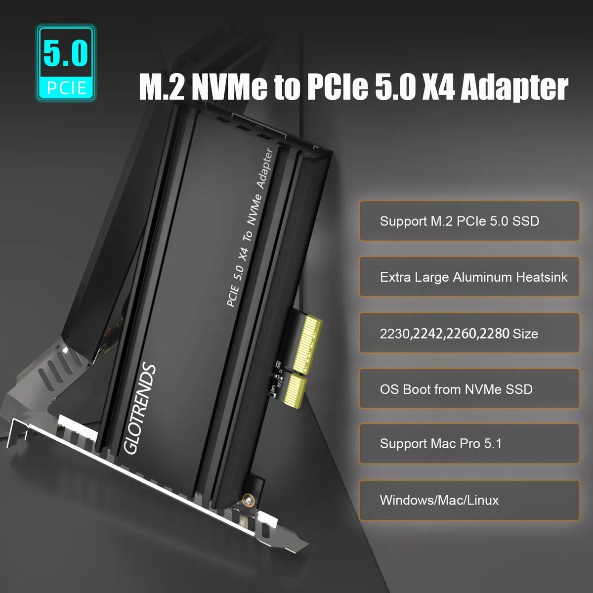 GLOTRENDS PA18 M.2 NVMe vers PCIe 5.0 X4 Adaptateur pour SSD M.2 NVMe, Très Grand dissipateur Thermique en Aluminium, Supports ordinaires et Bas Profil(Noir)