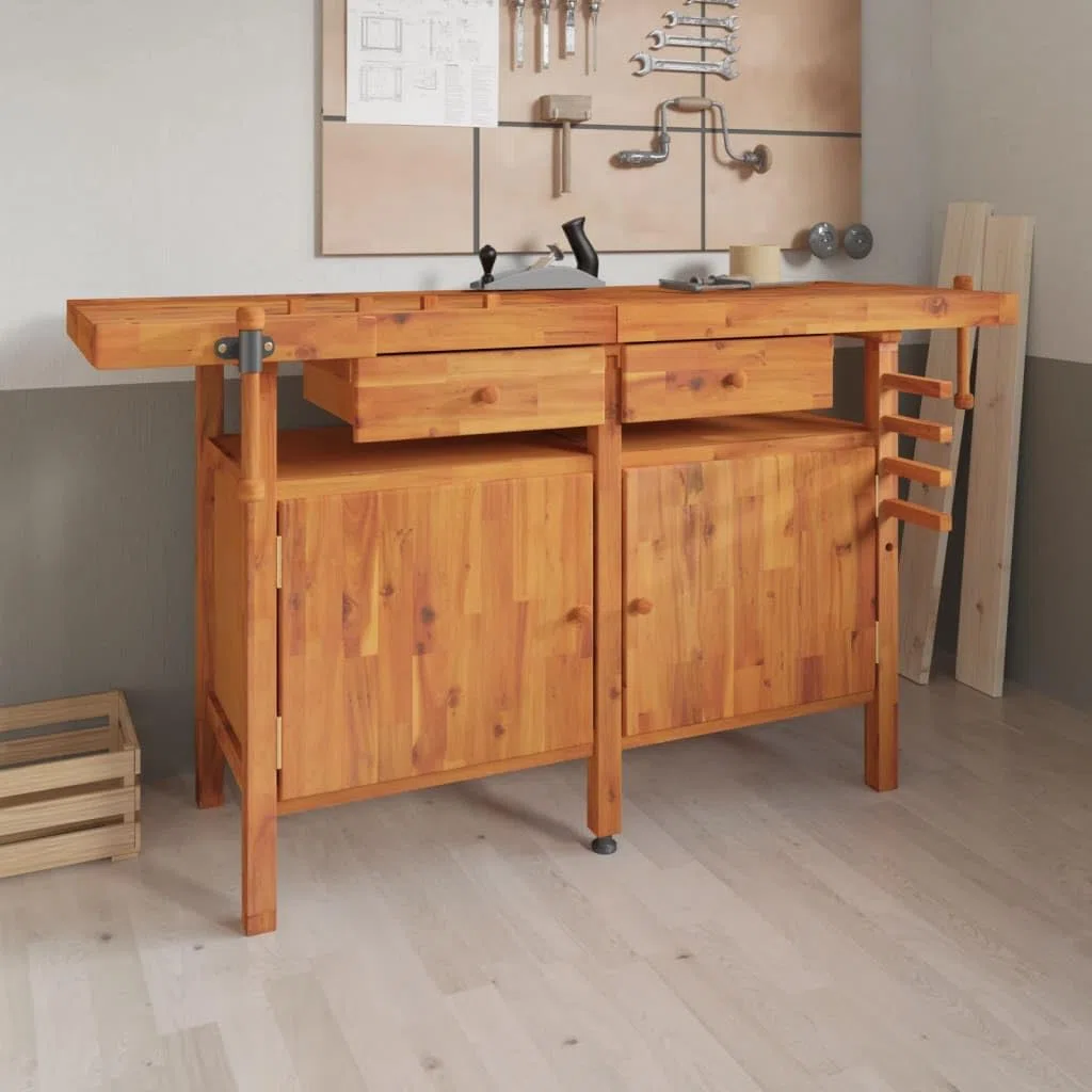 vidaXL Établi avec Tiroir et Étaux, Banc de Travail en Bois, Table d'Atelier, Table de Bricolage Garage Maison, 162x62x83 cm Bois Massif d'Acacia