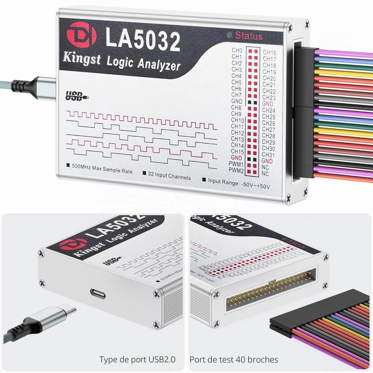 InnoMaker Analyseur Logique USB LA5032 32 Canaux 500MHz 10G Échantillons pour MCU ARM FPGA Outil de Débogage Analyseur MIPI avec Logiciel Anglais Compatible avec Windows Mac Linux