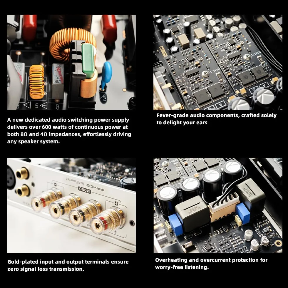 SMSL PA400 Amplificateur de puissance stéréo GaN 1MHz Amplificateur audio Hi-Fi avec entrées XLR/RCA, puce PGA2311 mode stéréo et mono pont pour systèmes audio domestiques Hi-Res AMP avec télécommande