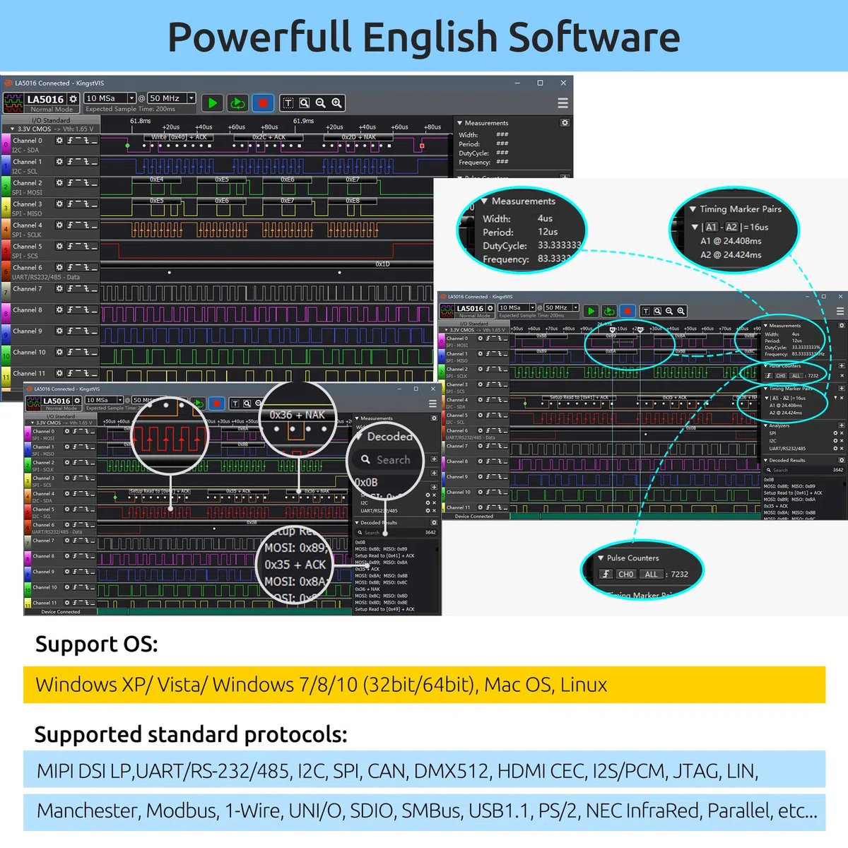 InnoMaker Analyseur Logique USB LA5032 32 Canaux 500MHz 10G Échantillons pour MCU ARM FPGA Outil de Débogage Analyseur MIPI avec Logiciel Anglais Compatible avec Windows Mac Linux