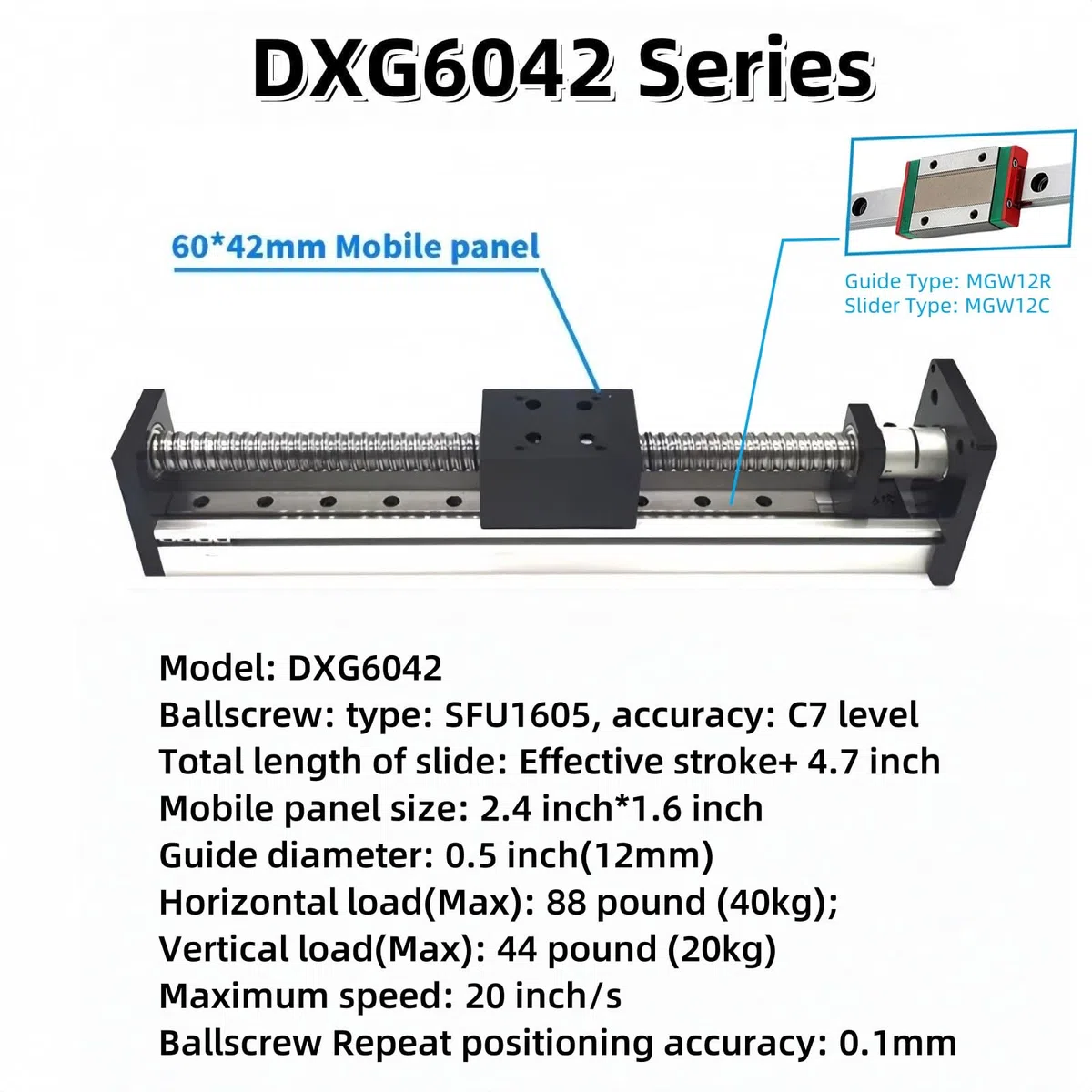 Platine de guidage motorisée 12" (300 mm) avec actionneur à vis à billes SFU1605 pour mini-rail de guidage CNC, table à glissières croisées, charge horizontale maximale de 40 kg (88 livres) pour bra
