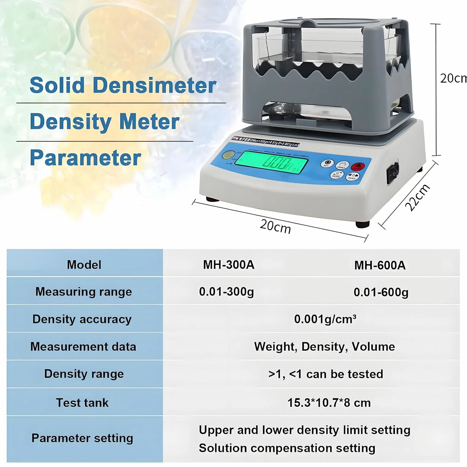Densimètre numérique de Haute précision (0,001 g/cm³), analyseur électronique, testeur de densité numérique pour Solides de 300 g